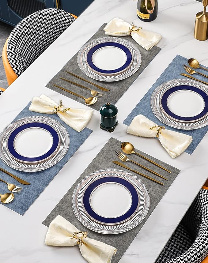 Leather Placemats Table Mats Set of 6, Denim Blue & Smoky Gray | Reversible Non-Slip Table Placemats, Heat-Resistant and Waterproof for Dining Kitchen and Holiday Parties