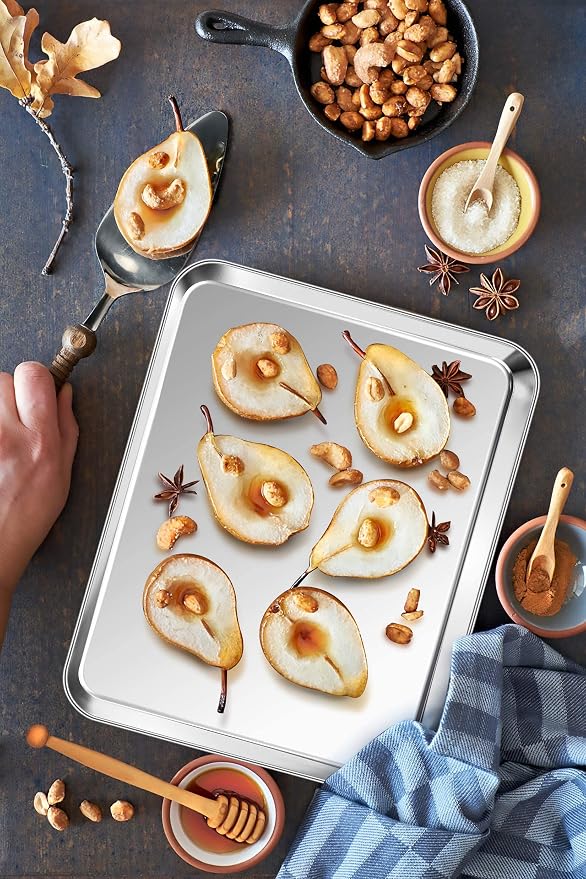 P&P CHEF Baking Sheet Pan, Stainless Steel Cookie Sheet, 12.5 Inch & 4 Pcs | Oven Tray Sheet Pan for Baking & Serving, Baking Tray for Multi Uses, Heavy Duty & Non-toxic, Rust Free & Dishwasher Safe