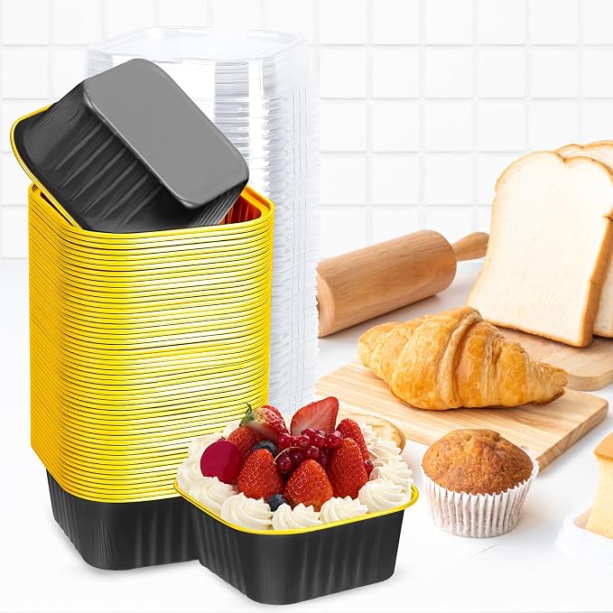 60Pack 5oz Black&Gold Mini Cake Pans with Lids, Spoons and Stickers Baking Cups Aluminum Foil Pans Tins, Individual Dessert Cups Containers for Sales,Party,Picnics