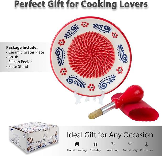 Ceramic Garlic Grater Plate - Handmade 4 Pcs Press - Natural Grinder - Decorative Mincer - Ginger, Cheese Grater - Hand Dish (Apple Red)