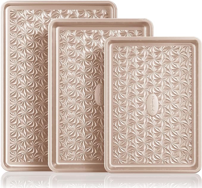 Nonstick Baking Sheet Pan Set of 3, Cookie Sheets for Oven, Non-Toxic Half/Quarter/Jelly Roll Pans with Floral Swirl Texture, Heavy Duty 0.8mm Thick Oven Trays for Cooking, Champagne Gold