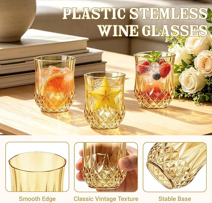 24 Pack 12 Oz Plastic Stemless Wine Glasses, Gold | Unbreakable, Reusable, Elegant Vintage Design, Fancy Cocktail Cups, Whiskey, Champagne, Wedding, Party, Bars, Holiday Events