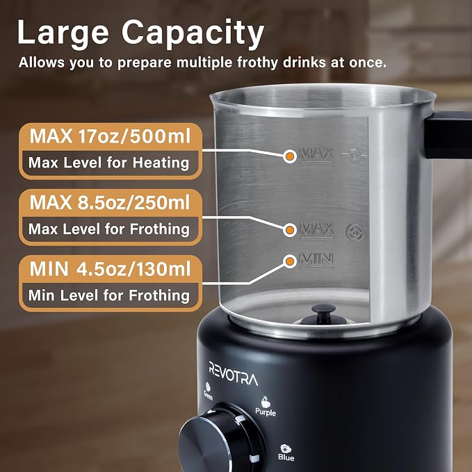 4 in 1 Milk Frother and Steamer, 500ml Stainless Steel Electric Foam Maker | Dial Control & LED Indicator, Hot & Cold Milk Frother, Non-Stick, Silent, Dishwasher Safe, Latte, Macchiato, Hot Chocolate