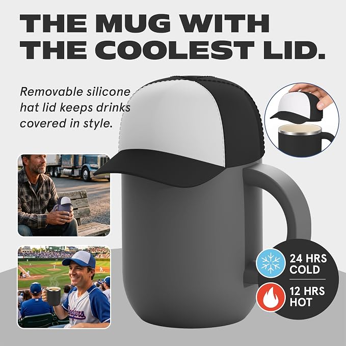 asobu Happy Hat Mug – 12 oz Double-Walled Stainless Steel Insulated Cup with Beanie-Shaped Lid – Ceramic Inner Coating – Spill-Proof and Ergonomic Design for Home and Travel (Black)