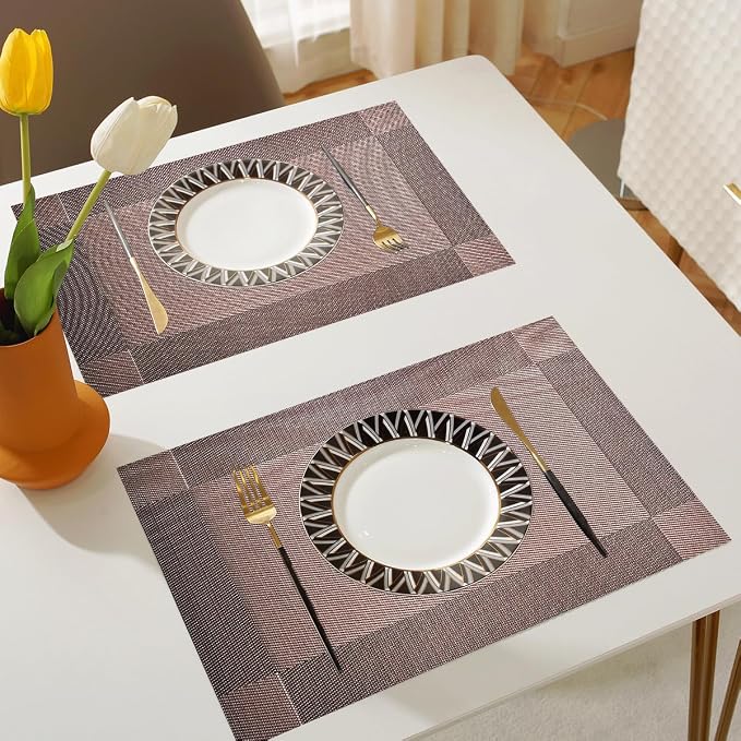 Vinyl Placemats Heat-Resistant Table Mats Washable Easy Clean Plastic Placemats for Dining Table Set of 6 (Brown)