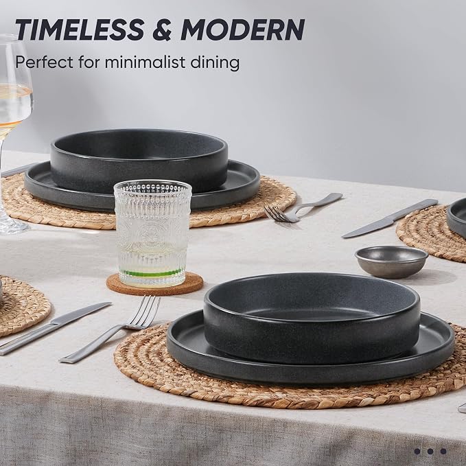 E-far Dinnerware Sets with Pasta Bowls, 24-Piece, Deep Gray | Stoneware Plates and Bowls Sets for 6, Chip and Scratch Resistant, Microwave & Dishwasher Safe Kitchen Modern Dish Set