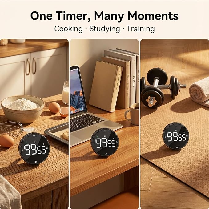 Rechargeable USB-C Digital Kitchen Timer - Magnetic Countdown Countup Visual Pomodoro Timer with Large LED Display, 3-Preset Times, 3 Volume Levels, Ideal for Cooking, Baking and Study