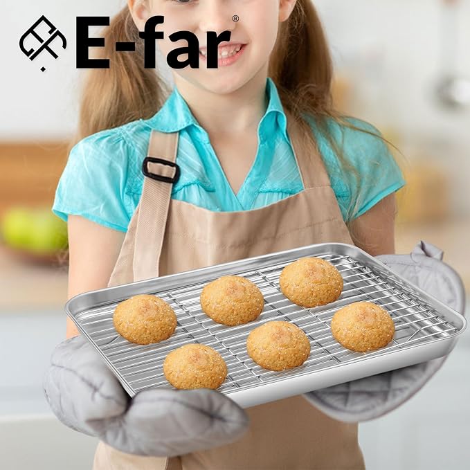 E-far Baking Sheet with Wire Rack, Cookie Sheets Trays for Toaster Oven | 10.5 x 8.3 Inch Stainless Steel Cooling Rack with Non Toxic & Warp Resistant Design, Oven & Dishwasher Safe, 2 Pans + 2 Racks