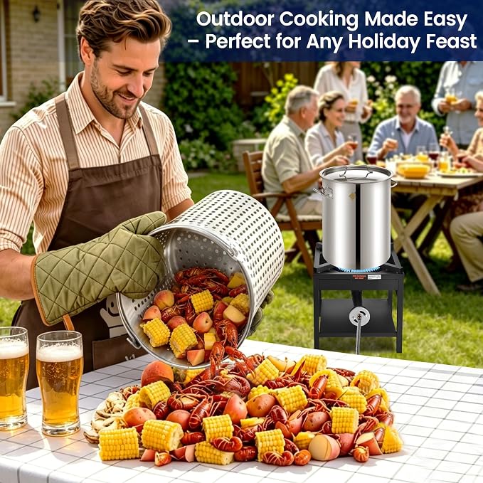 ARC 32QT Stainless Steel Stock pot 6-Piece For Seafood Boil Pot with Basket | Turkey Fryer Pot with Strainer-Steamer Rack-Divider-Lift Hook-Tube-Cookware for Crawfish Crab Shrimp Lobster Boiling, Tamale