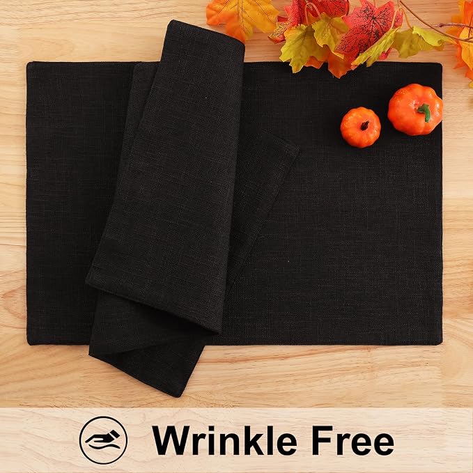 Faux Cotton Linen Placemats Set of 4, Cloth Washable Farmhouse Dining Table Mats for Indoors & Outdoors, Easy to Clean, Black, 13 x 19 Inch