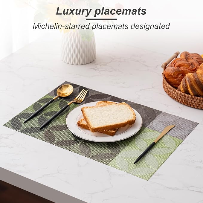 Placemats Set of 4 Washable Indoor(O-Petal Pattern - Green Color Scheme) | Outdoor Vinyl Place Mats for Dining Table Durable Non-Slip Heat Resistant PVC Weave Table Mats