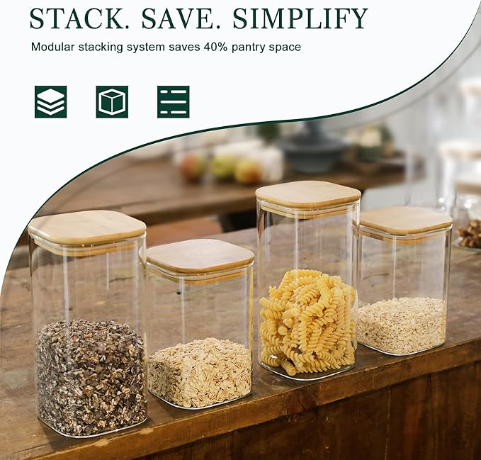 LIBWYS 12-Pack Glass Pantry Storage Jars with Bamboo Lids(0.76/1.22/1.67Qt) | Stackable Dry Food Containers for Pantry Organization, Coffee, Flour, Snacks, Tea, Pasta, Spaghetti | Kitchen Canisters Set