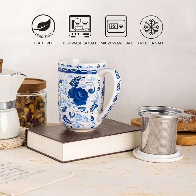GBhome Tea Mug with Infuser and Lid,18 Ounce Ceramic Loose Leaf Cup Steeper | Lead-Free Glaze For Tea Lovers,Microwave & Dishwasher Safe with Tea Strainer