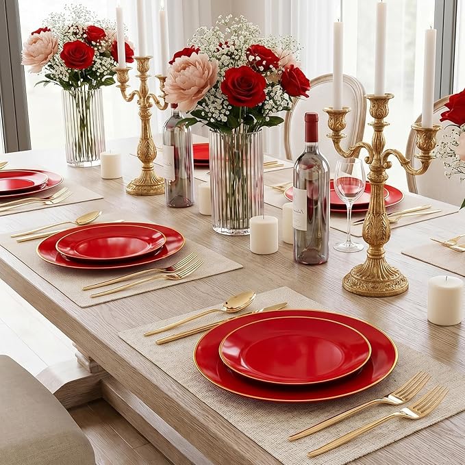 IOOOOO 150Pcs Red Plastic Plates,Red Disposable Plates with Gold Rim | Sturdy Hard Disposable Plates Set Include 30 Dinner Plates,30 Dessert Plates, 90 Plastic Silverware Set for Wedding, Events.