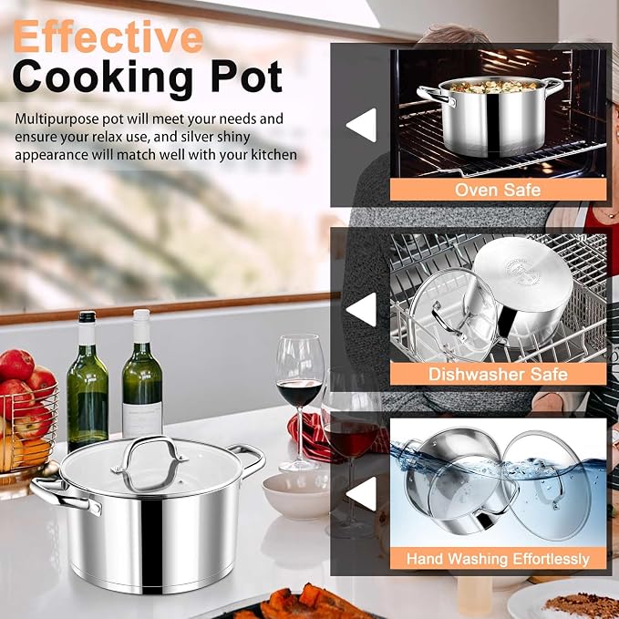 P&P CHEF 5 Quarts Stock Pot with Lid, Stainless Steel Stockpot for Cooking | Cooking Pot for Soup, Pasta, Tri-Ply Bottom for Induction, Gas, Ceramic, Glass Lid & Double Handle, Dishwasher Safe