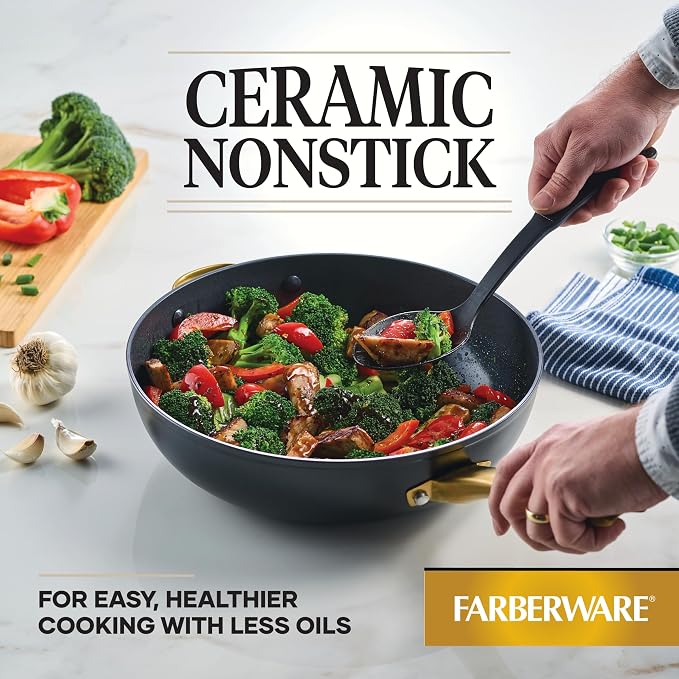 Farberware Forged Induction Ceramic Nonstick Stir-Fry Pan with Helper Handle, Dishwasher Safe, Suitable for All Stovetops, 12.25 Inch Wok Pan - Black