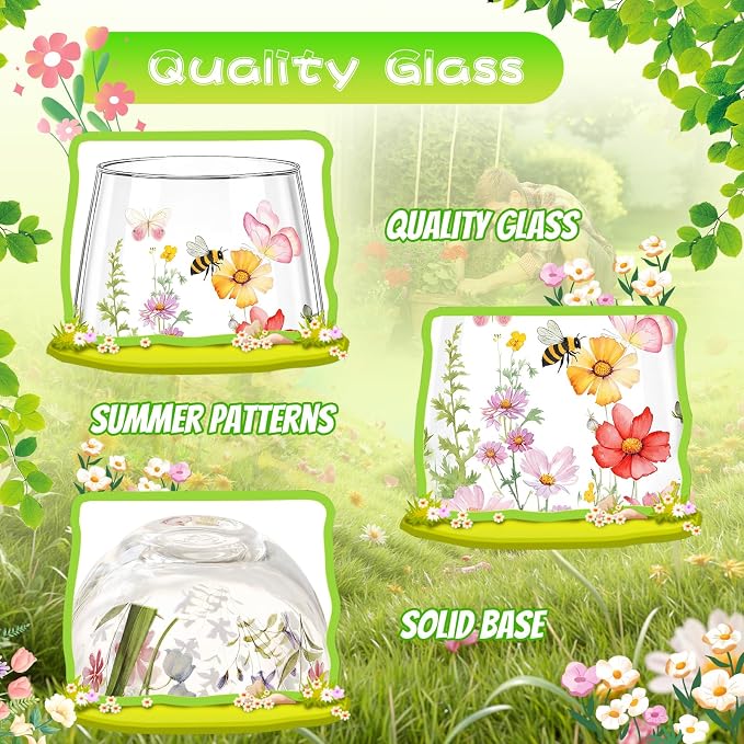 Nuogo 4 Set Summer Wildflower Stemless Wine Glasses 17oz Butterfly Dragonfly Wine Tumblers Cute Summer Glass Cups Gift for Women Mom Bridesmaid Birthday Wedding