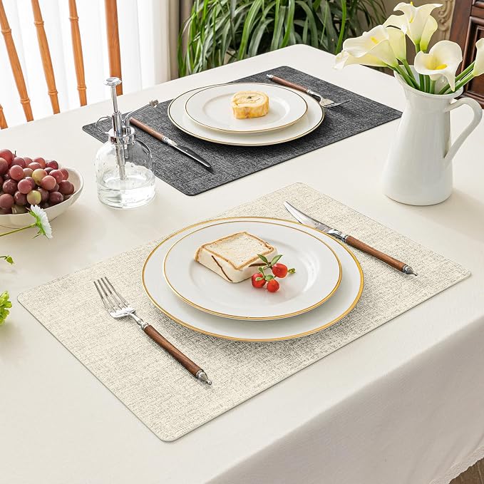 Romanstile Vinyl Placemats Set of 4, Reversible Faux Leather Heat Resistant Wipeable Table Mats, Waterproof Washable Non-Slip Table Placemats for Dining/Kitchen/Party/Outdoor (Grey Beige, 12" x 17")