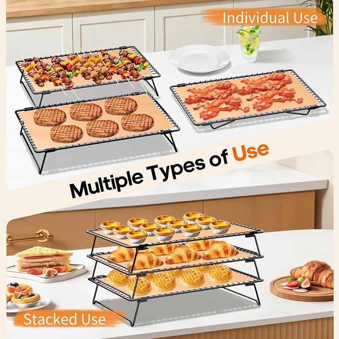 13.4 * 9.4 IN 3-Tier Collapsible Cooling Rack with 50 Pcs Baking Papers | Cookie Cooling Racks, Wire Rack For Cooking & Baking, Dessert Display, Drying, Dishwasher Safe, Black
