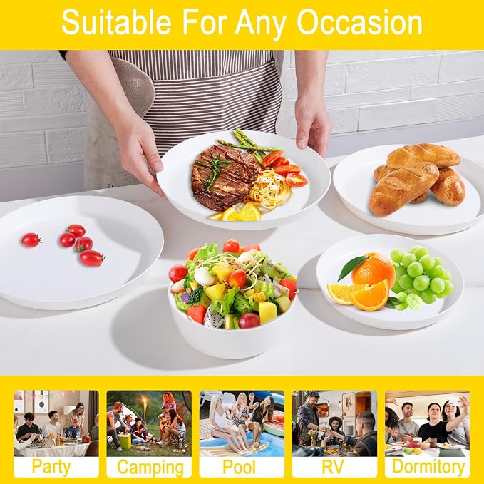 EjonirInjonir 12pcs Wheat Straw Dinnerware Sets for Camping, Unbreakable | Deep Wheat Straw Plates and White Dish Set for Indoor Outdoor Dining,Reusable Plastic Plates are Apartment Essentials