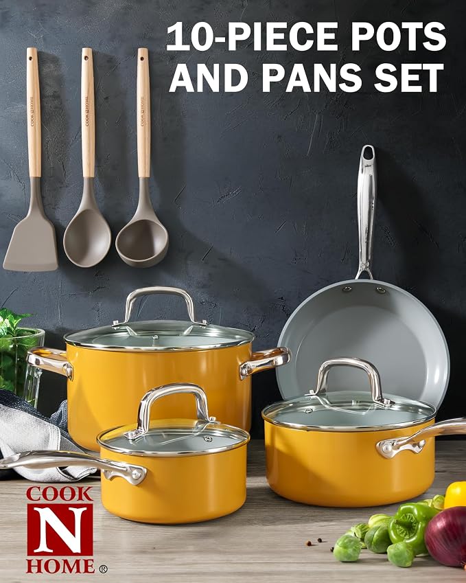 Cook N Home Classic 1.5 Quart Ceramic Nonstick Saucepan with Glass Lid, Everyday Milk Soup Oatmeal Cooking Pan, Non Stick Small Sauce Pan Pot, Stay-Cool Handle, Induction Ready, Yellow