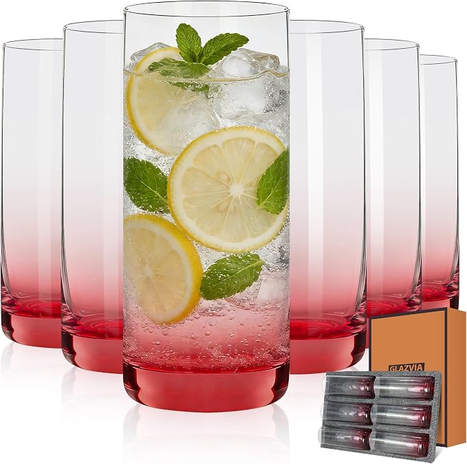 Red Highball Glasses Set of 6, Drinking Glass for Mixed Drink | 13oz ,Cups for Cocktail, Beer, Mojito, Water and Juice,Thick Tall Glassware for Kitchen, Restaurant, Home Bar and Parties