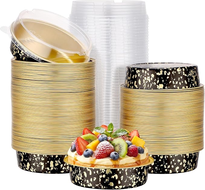 Beasea Mini Pie Pans with Lids, 120 Pack 4 Inch 7.3oz Disposable Cake Pans Aluminum Foil Pie Tart Baking Cups Tins Individual Dessert Containers Oven Dishes for Tart Cheesecake - Black Gold Speckles