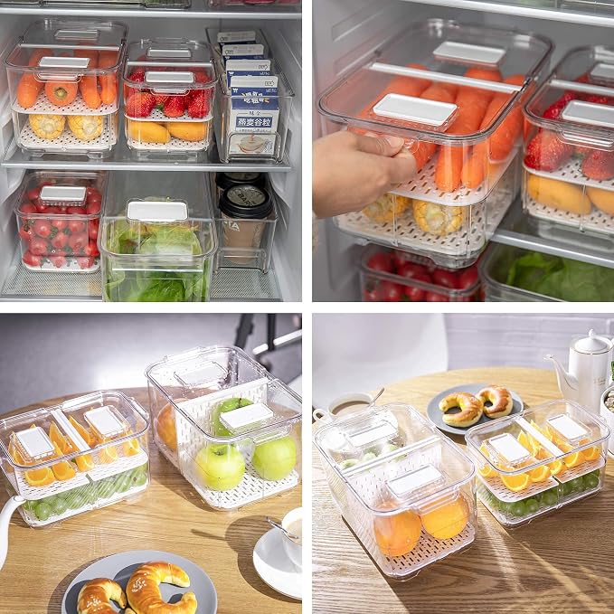 Produce Saver with Lids, 2 Piece Fruit Vegetable Storage Container with Vents Stackable Fridge Drawers Organizer Salad Lettuce Keeper For Refrigerator,Bpa-free Fresh Keeper,5.7L&2.8L