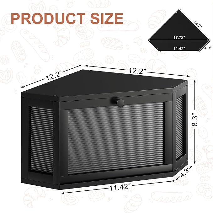 WOWLIVE Corner Bread Box, Bamboo Bread Storage with Acrylic Wavy Door | Breadbox for Kitchen Countertop, Large Farmhouse Bread Holder for Homemade Bread, Multi-functional Container, Black
