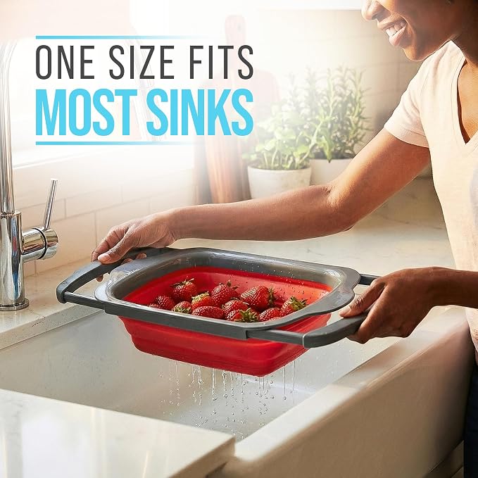 Comfify XL Large Kitchen Strainer - Collapsible Silicone Over-The-Sink Colander with Extendable Handles - Use with Pasta, Fruit, Berries & Veggie - 6 Quart - Red | Red silicone colander; 17.1 x 10.1 in; folds to 1.4 in; 6 Qt; handles extend 25 in; heat...