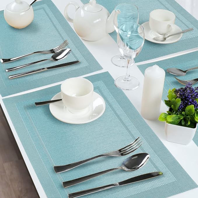 Blue Placemats Set of 6, Woven Vinyl PVC Place Mats for Dining Table, Heat Resistant Washable Table Mats, 17 x 12 in