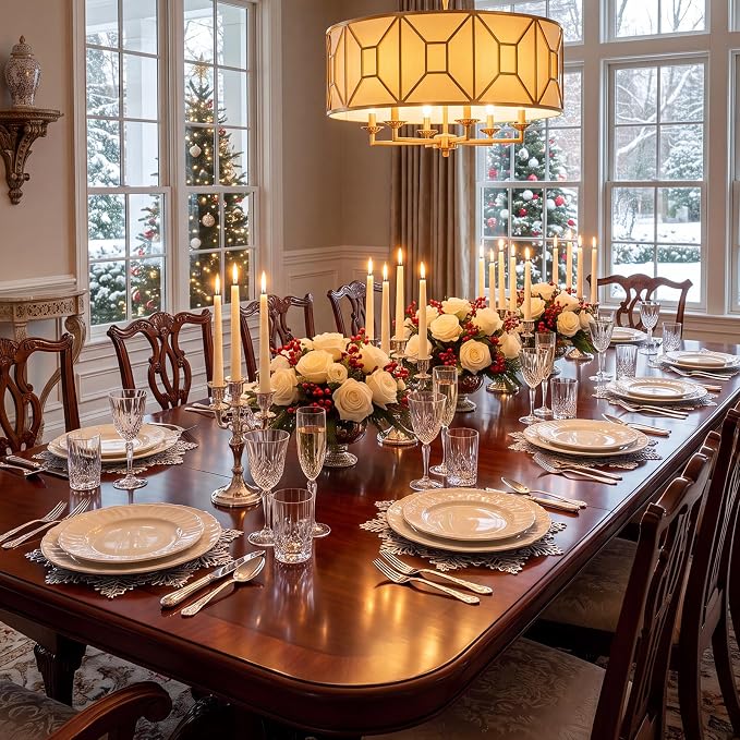 ADRIMER Snowflake Placemats Set of 8, Silver Vinyl Table Mats 15 Inch | Easy to Clean Placemat, Heat Resistant Hollow Wipeable Table Placemats for Thanksgiving Christmas Wedding Holiday Decor