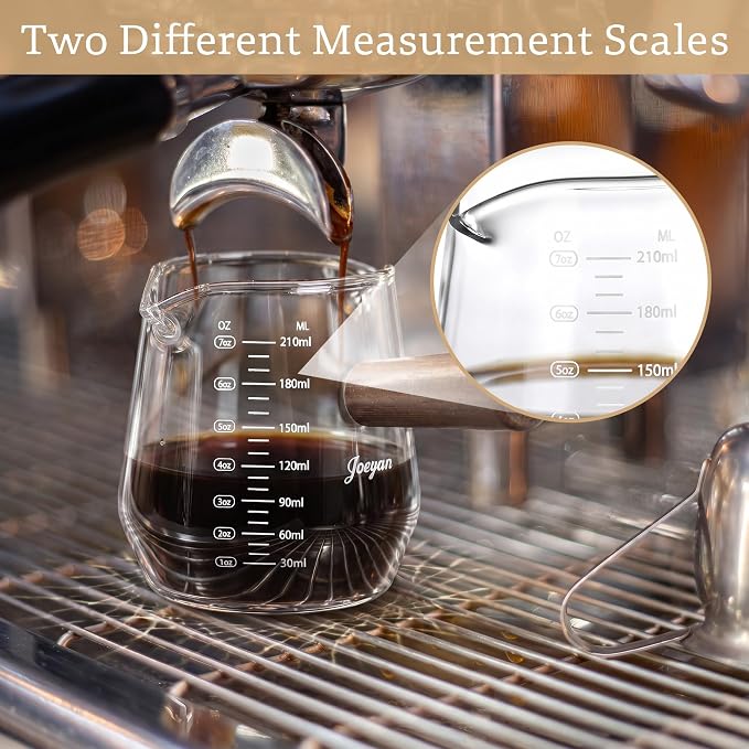 Joeyan 7 oz Glass Measuring Cup with Double Spouts,Espresso Shot Glasses with Wood Handle,Diamond Shaped Espresso Cups,Clear Milk Frothing Pitcher for Coffee,Borosilicate Espresso Accessories