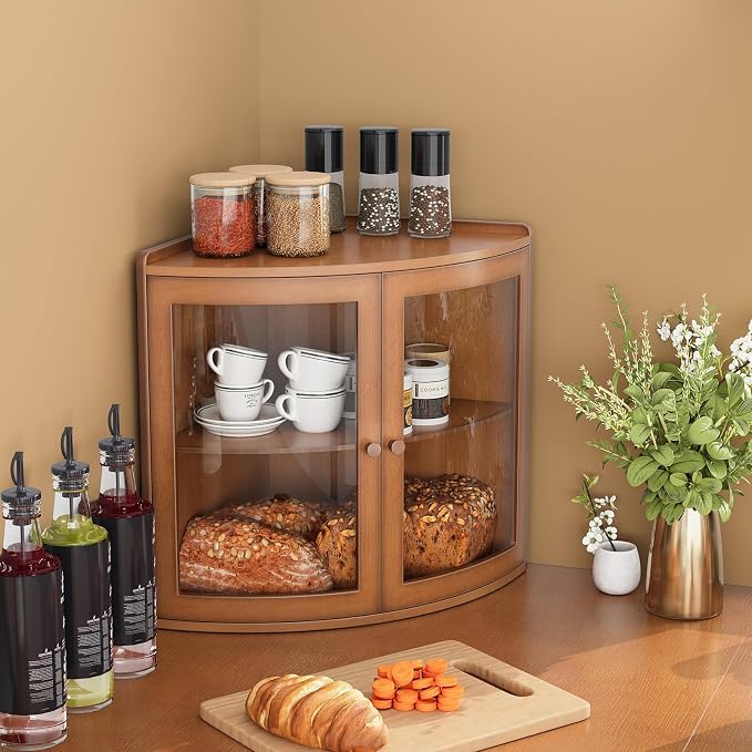 Trironsun Fan Shape Corner Bread Box for Kitchen Counter Double Layer Large Bread Storage Container with Acrylic Doors Farmhouse Wooden Bread Box Organizer for Homemade Bread (Brown)