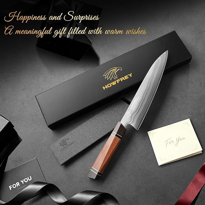 Japanese Chef Knife, Hand Forged 8 Inch 9 Layers 9CR18MOV High Carbon Steel Kitchen Knife with Bubinga Non-standard Octagonal Handle, Cooking Knives for Home Kitchen Gift Idea