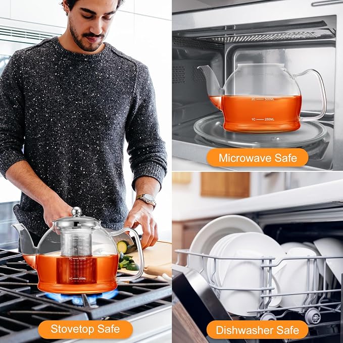 STNTUS Glass Teapot With Infuser, 27 oz / 800 ml for Loose Tea, Stainless Steel Strainer Teapots, Stovetop Safe
