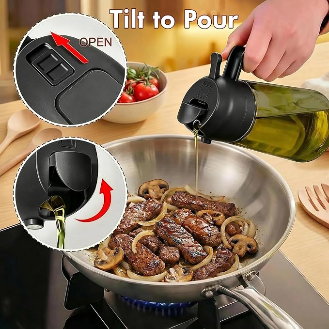 Poshetion 2 in 1 Olive Oil Sprayer for Cooking, 16oz Light-Proof Oil Dispenser for Kitchen, Leak-Proof Oil Spray Bottle for Air Fryer, Salad, BBQ, Baking, Grilling - Black