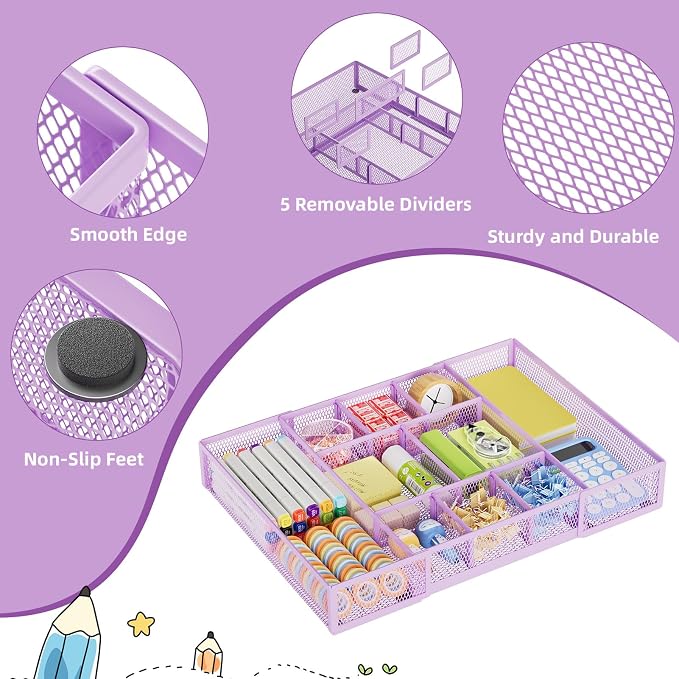 Marbrasse Expandable Desk Drawer Organizer, Mesh Drawer Organizer Tray with 10 Adjustable Compartments, Desk Organizers and Accessories for Office Supplies, Makeup & Vanity (Expandable-Purple)