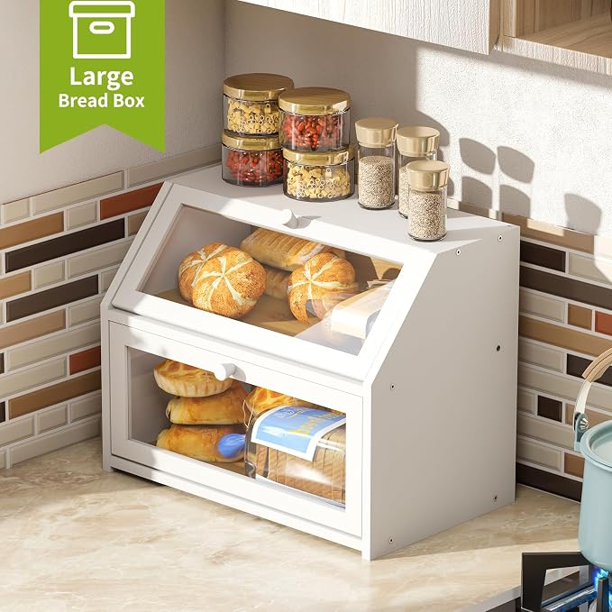 BMOSU Farmhouse Bread Box for Kitchen Countertop Bread box Double Layer Bamboo Wooden Extra Large Capacity Bin Kitchen Food Storage Container(White)