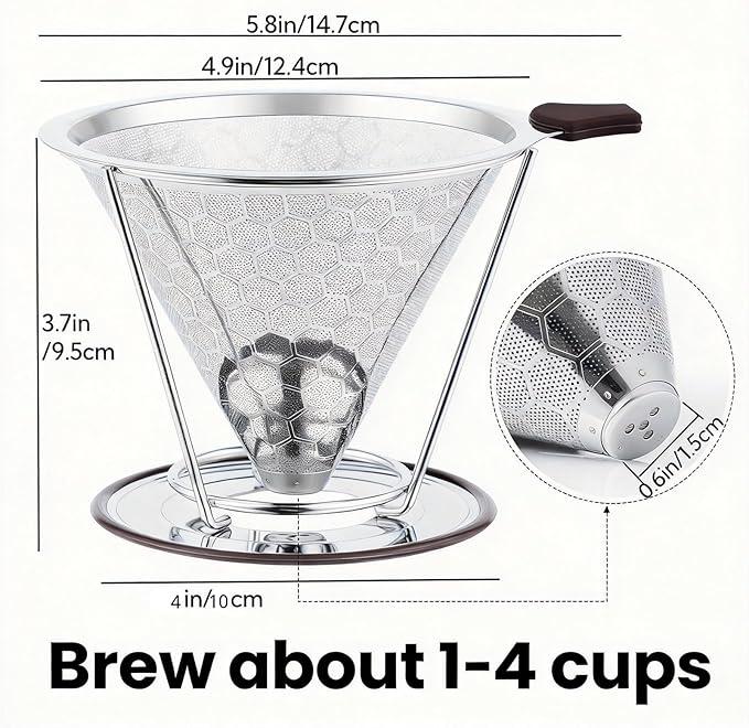 Reusable Stainless Steel Pour Over Coffee Dripper, Paperless V60 Filter | 800 mesh fine layer, 304 food-grade metal, eco budget friendly, fits Chemex & mugs, ideal for home, office & camping, 1-4 cup