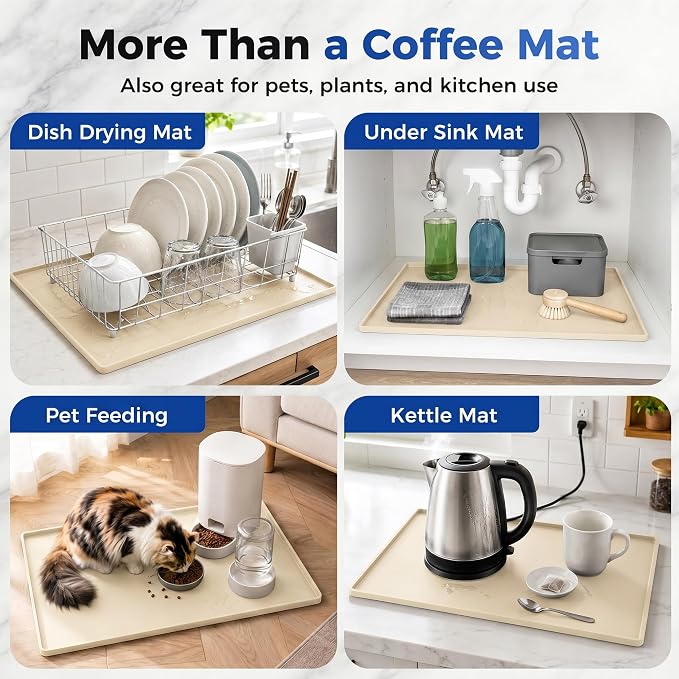 Golener Coffee Bar Mat, Silicone Coffee Mat with Raised Edges, 24"x16" | Coffee Mat for Countertop, Waterproof Coffee Station Mat, Dish Drying Mat Under Rack, Heat Resistant Coffee Machine Mat,Beige