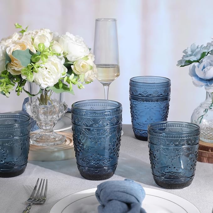 abrwyy Blue Drinking Glasses, Blue Glassware, 14oz Vintage Drinking Glasses | Lead-Free Glass, Thick&Durable Glass, Home Decoration, Drinking Glasses Set of 6
