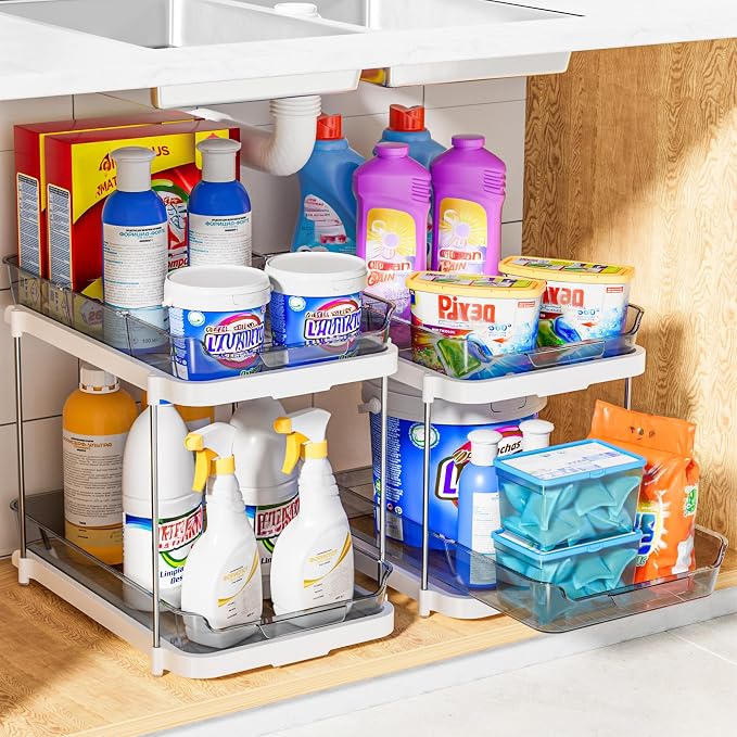 Delamu 2-Tier Multi-Purpose Bathroom Under Sink Organizers and Storage, Stackable Kitchen Pantry Organization, Pull Out Medicine Cabinet Organizer with Movable Dividers, Grey, 2 Pack