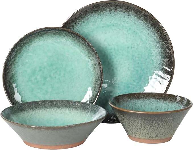 Gibson Elite Green Lantern Service for 4 (16 Piece) Double Bowl Dinnerware Set, Teal, Soft Gray, Dinnerware Set