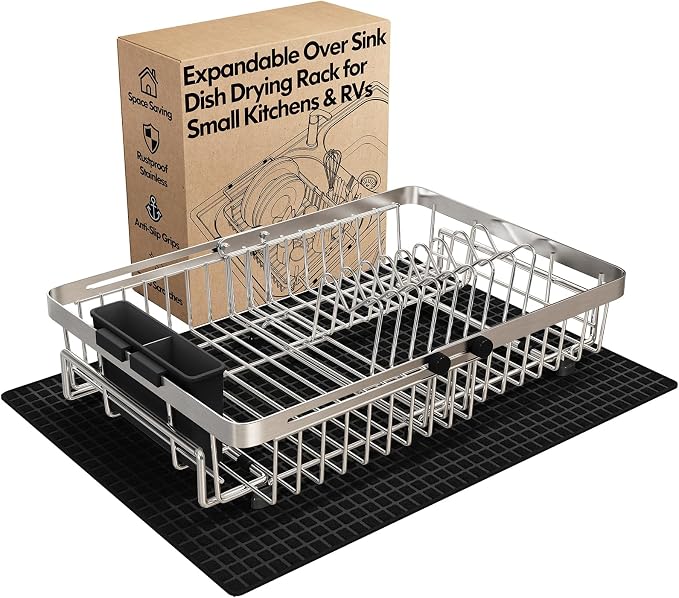 Dish Drying Rack Over The Sink with Utensil Holder, Mat | Expandable Stainless Steel Dish Drainer for Small Kitchen, Apartment, RV, Counter Space Saving, Perfect Fit, Rustproof