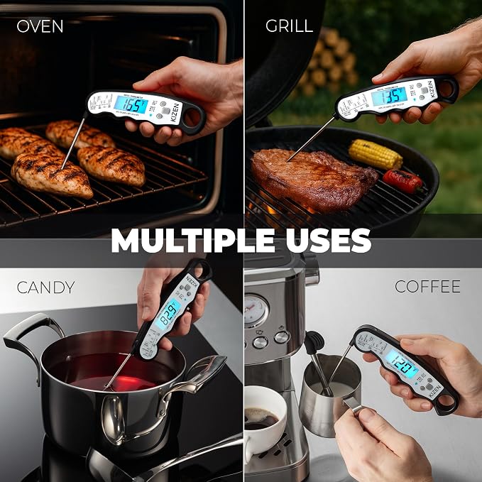 Instant Read Meat Thermometer Digital - Food Thermometer for Cooking, Grill, Oven, BBQ - IP67 Rated Waterproof - Large Backlit Display and Magnetic Back