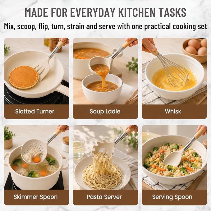 Silicone Kitchen Utensils Set, 9 Pcs Full-Size Non-Toxic Cooking Utensils with Wooden Handles & Stainless Steel Core, Heat Resistant Food Grade Kitchen Gadgets for Nonstick Cookware