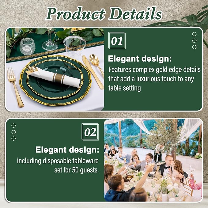 350 Pcs Green Gold Plastic Plates Wedding & Party | Gold Plastic Dinnerware Set Includes 50 Dinner Plates, 50 Dessert Plates, 50 Gold Utensils, 50 Napkins