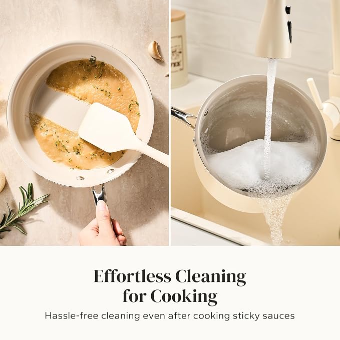 Redchef Nonstick Mini Cookware Set, 8"Ceramic Fry Pan 2.5Qt Sauce Pan with Lid, Fryingpan & Pots Set, Induction Compatible, Nontoxic, Oven Dishwasher Safe, PTFE & PFOA Free, Beige