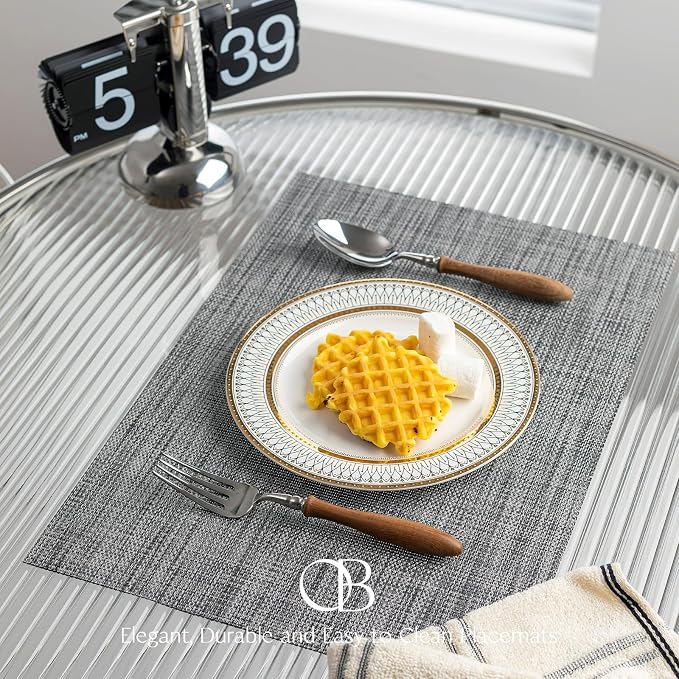 Placemats Set of 12 - Easy Clean Woven Vinyl Placemats for Dining Table, Indoor/Outdoor Place Mats, Washable PVC Table Mats（Dark Gray）